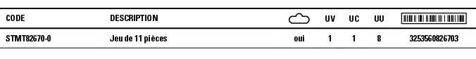 Code,Description, ,UV,UC,UU, ,STMT82670-0,Jeu de 11 pièces,oui,1,1,8,3253560826703