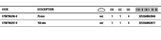 Code,Description, ,UV,UC,UU, ,STMT86206-0,75 mm,oui, 1 , 1 , 4 , 3253560862060 ,STMT86207-0,150 mm,oui, 1 , 1 , 4 , 3   