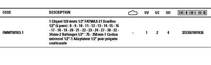 Code,Description, ,UV,UC,UU, ,FMMT98103-1,1 Cliquet 120 dents 1 2   FATMAX-21 Douilles 1 2   (6 pans) : 8 - 9 - 10 -    