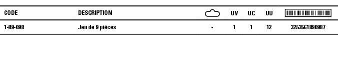 Code,Description, ,UV,UC,UU, ,1-89-098,Jeu de 9 pièces,-,1,1,12,3253561890987