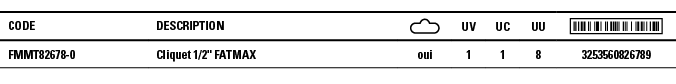 Code,Description, ,UV,UC,UU, ,FMMT82678-0,Cliquet 1 2   FATMAX,oui,1,1,8,3253560826789