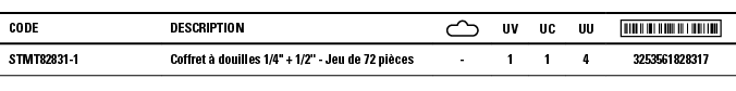 Code,Description, ,UV,UC,UU, ,STMT82831-1,Coffret à douilles 1 4   + 1 2   - Jeu de 72 pièces,-,1,1,4,3253561828317