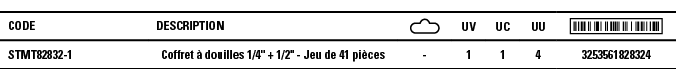 Code,Description, ,UV,UC,UU, ,STMT82832-1,Coffret à douilles 1 4   + 1 2   - Jeu de 41 pièces,-,1,1,4,3253561828324