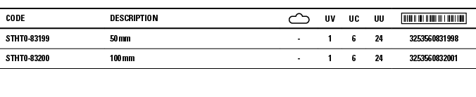 Code,Description, ,UV,UC,UU, ,STHT0-83199,50 mm,-,1,6,24,3253560831998,STHT0-83200,100 mm,-,1,6,24,3253560832001