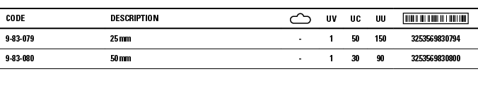 Code,Description, ,UV,UC,UU, ,9-83-079,25 mm,-,1,50,150,3253569830794,9-83-080,50 mm,-,1,30,90,3253569830800