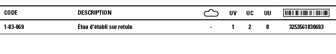 Code,Description, ,UV,UC,UU, ,1-83-069,Étau d'établi sur rotule,-,1,2,8,3253561830693
