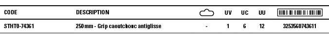 Code,Description, ,UV,UC,UU, ,STHT0-74361,250 mm - Grip caoutchouc antiglisse,-,1,6,12,3253560743611