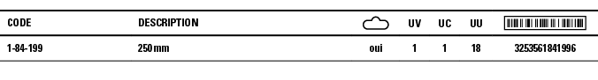 Code,Description, ,UV,UC,UU, ,1-84-199,250 mm ,oui,1,1,18,3253561841996
