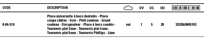 Code,Description, ,UV,UC,UU, ,0-84-519,Pince universelle à becs dentelés - Pince coupe câbles - Scie - Petit couteau    