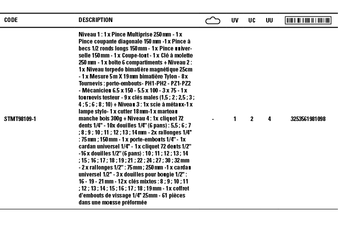 Code,Description, ,UV,UC,UU, ,STMT98109-1,Niveau 1 : 1 x Pince Multiprise 250 mm - 1 x Pince coupante diagonale 150 m   