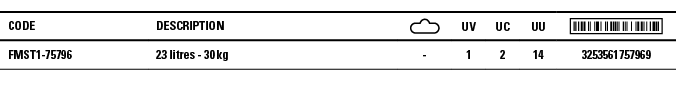 Code,Description, ,UV,UC,UU, ,FMST1-75796,23 litres - 30 kg ,-,1,2,14,3253561757969