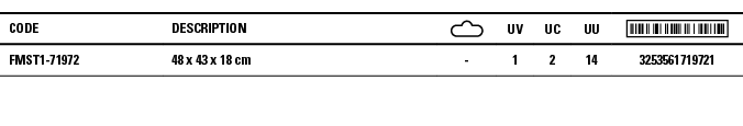 Code,Description, ,UV,UC,UU, ,FMST1-71972,48 x 43 x 18 cm,-,1,2,14,3253561719721