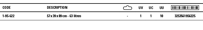 Code,Description, ,UV,UC,UU, ,1-95-622,57 x 39 x 89 cm - 63 litres,-,1,1,10,3253561956225