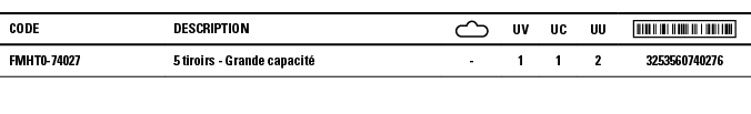 Code,Description, ,UV,UC,UU, ,FMHT0-74027,5 tiroirs - Grande capacité,-,1,1,2,3253560740276