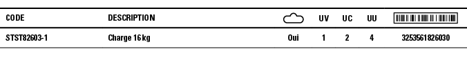 Code,Description, ,UV,UC,UU, ,STST82603-1,Charge 16 kg,Oui,1,2,4,3253561826030
