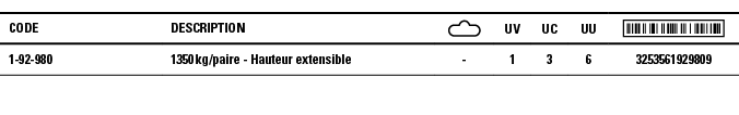 Code,Description, ,UV,UC,UU, ,1-92-980,1350 kg paire - Hauteur extensible,-,1,3,6,3253561929809