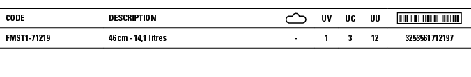 Code,Description, ,UV,UC,UU, ,FMST1-71219,46 cm - 14,1 litres,-,1,3,12,3253561712197