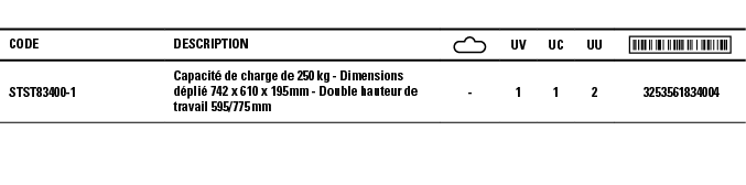 Code,Description, ,UV,UC,UU, ,STST83400-1,Capacité de charge de 250 kg - Dimensions déplié 742 x 610 x 195 mm - Doubl   