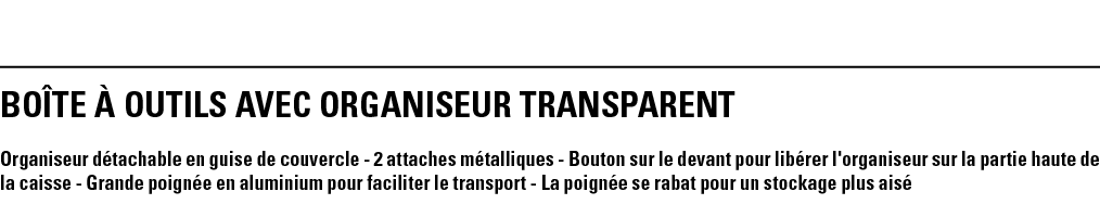 BOîTE à OUTILS AVEC ORGANISEUR TRANSPARENT Organiseur détachable en guise de couvercle - 2 attaches métalliques - Bou   