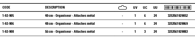 Code,Description, ,UV,UC,UU, ,1-92-905,40 cm - Organiseur - Attaches métal,-,1,6,24,3253561929052,1-92-906,48 cm - Or   