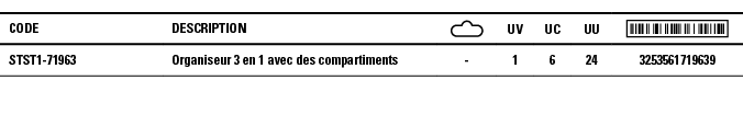 Code,Description, ,UV,UC,UU, ,STST1-71963,Organiseur 3 en 1 avec des compartiments,-,1,6,24,3253561719639