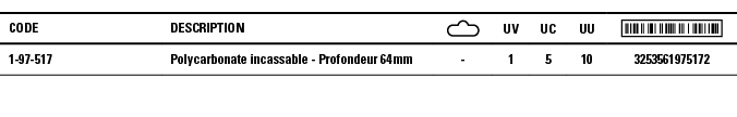 Code,Description, ,UV,UC,UU, ,1-97-517,Polycarbonate incassable - Profondeur 64 mm,-,1,5,10,3253561975172