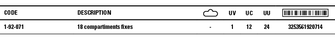 Code,Description, ,UV,UC,UU, ,1-92-071,18 compartiments fixes,-,1,12,24,3253561920714