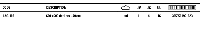 Code,Description, ,UV,UC,UU, ,1-96-182,600 x 600 deniers - 40 cm,oui,1,4,16,3253561961823