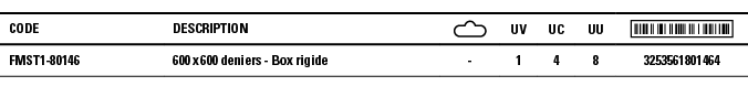 Code,Description, ,UV,UC,UU, ,FMST1-80146,600 x 600 deniers - Box rigide,-,1,4,8,3253561801464