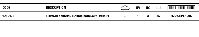 Code,Description, ,UV,UC,UU, ,1-96-178,600 x 600 deniers - Double porte-outils clous,-,1,4,16,3253561961786