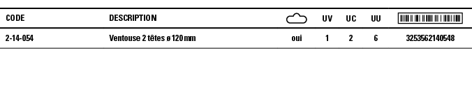 Code,Description, ,UV,UC,UU, ,2-14-054,Ventouse 2 têtes ø 120 mm,oui,1,2,6,3253562140548