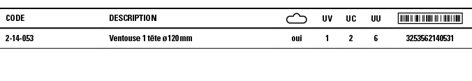 Code,Description, ,UV,UC,UU, ,2-14-053,Ventouse 1 tête ø 120 mm,oui,1,2,6,3253562140531