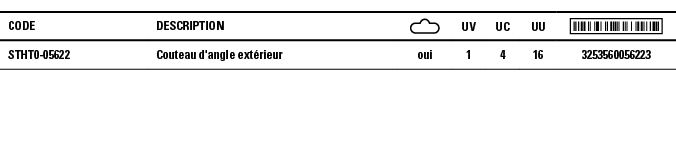 Code,Description, ,UV,UC,UU, ,STHT0-05622,Couteau d'angle extérieur,oui,1,4,16,3253560056223