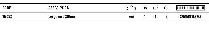 Code,Description, ,UV,UC,UU, ,15-273,Longueur : 280 mm,oui,1,1,5,3253561152733