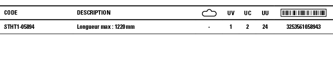 Code,Description, ,UV,UC,UU, ,STHT1-05894,Longueur max : 1220 mm,-,1,2,24,3253561058943