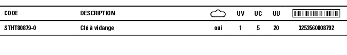 Code,Description, ,UV,UC,UU, ,STHT80879-0,Clé à vidange,oui,1,5,20,3253560808792