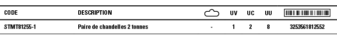 Code,Description, ,UV,UC,UU, ,STMT81255-1,Paire de chandelles 2 tonnes,-,1,2,8,3253561812552
