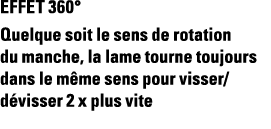 EFFET 360  Quelque soit le sens de rotation du manche, la lame tourne toujours dans le même sens pour visser dévisser   