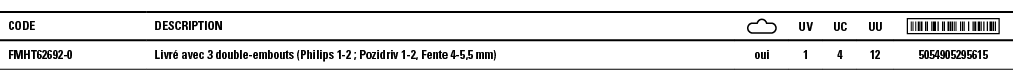 Code,Description, ,UV,UC,UU, ,FMHT62692-0,Livré avec 3 double-embouts (Philips 1-2 ; Pozidriv 1-2, Fente 4-5,5 mm) ,o   