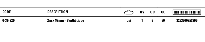 Code,Description, ,UV,UC,UU, ,0-35-320,2 m x 15 mm - Synthétique,oui,1,6,60,3253560353209