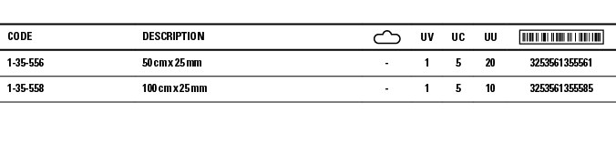 Code,Description, ,UV,UC,UU, ,1-35-556,50 cm x 25 mm,-,1,5,20,3253561355561,1-35-558,100 cm x 25 mm,-,1,5,10,32535613   