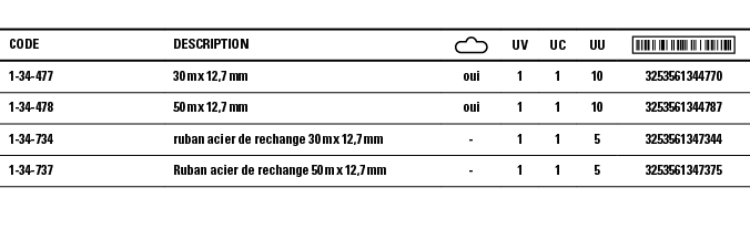 Code,Description, ,UV,UC,UU, ,1-34-477,30 m x 12,7 mm,oui,1,1,10,3253561344770,1-34-478,50 m x 12,7 mm,oui,1,1,10,325   