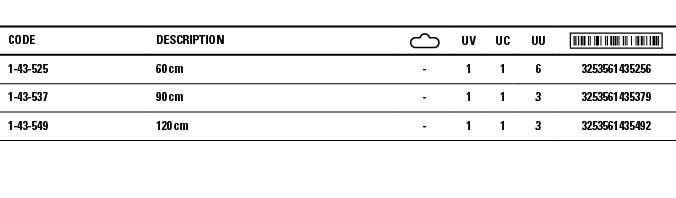 Code,Description, ,UV,UC,UU, ,1-43-525,60 cm,-,1,1,6,3253561435256,1-43-537,90 cm,-,1,1,3,3253561435379,1-43-549,120    