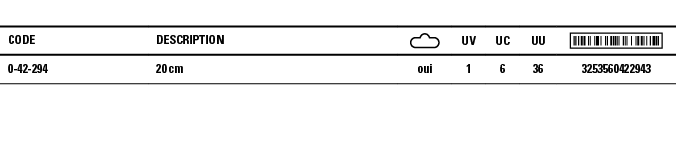 Code,Description, ,UV,UC,UU, ,0-42-294,20 cm,oui,1,6,36,3253560422943