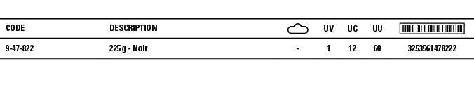 Code,Description, ,UV,UC,UU, ,9-47-822,225 g - Noir,-,1,12,60,3253561478222