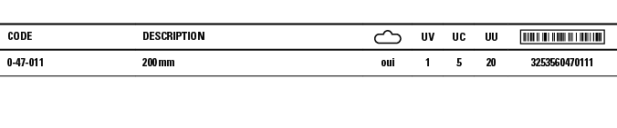 Code,Description, ,UV,UC,UU, ,0-47-011,200 mm,oui,1,5,20,3253560470111