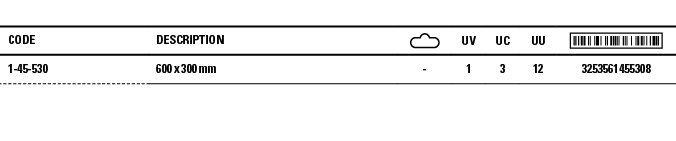 Code,Description, ,UV,UC,UU, ,1-45-530,600 x 300 mm,-,1,3,12,3253561455308