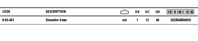 Code,Description, ,UV,UC,UU, ,0-03-601,Diamètre 4 mm,oui,1,12,60,3253560036010