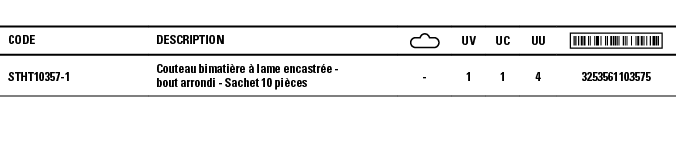 Code,Description, ,UV,UC,UU, ,STHT10357-1,Couteau bimatière à lame encastrée - bout arrondi - Sachet 10 pièces,-,1,1,   