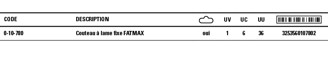 Code,Description, ,UV,UC,UU, ,0-10-780,Couteau à lame fixe FATMAX,oui,1,6,36,3253560107802